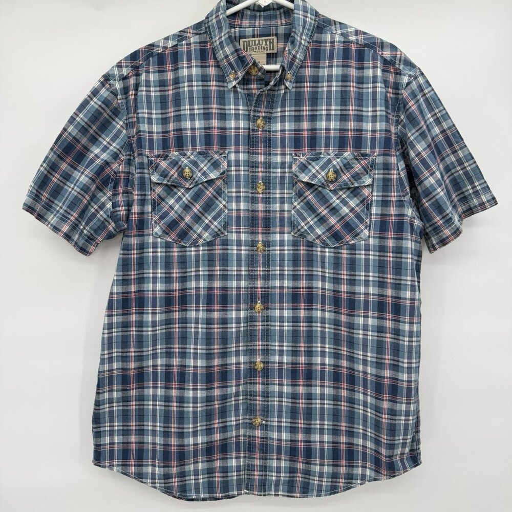 Duluth Trading Free Swingin' Short Sleeve Button Down Blue Plaid Shirt Size M